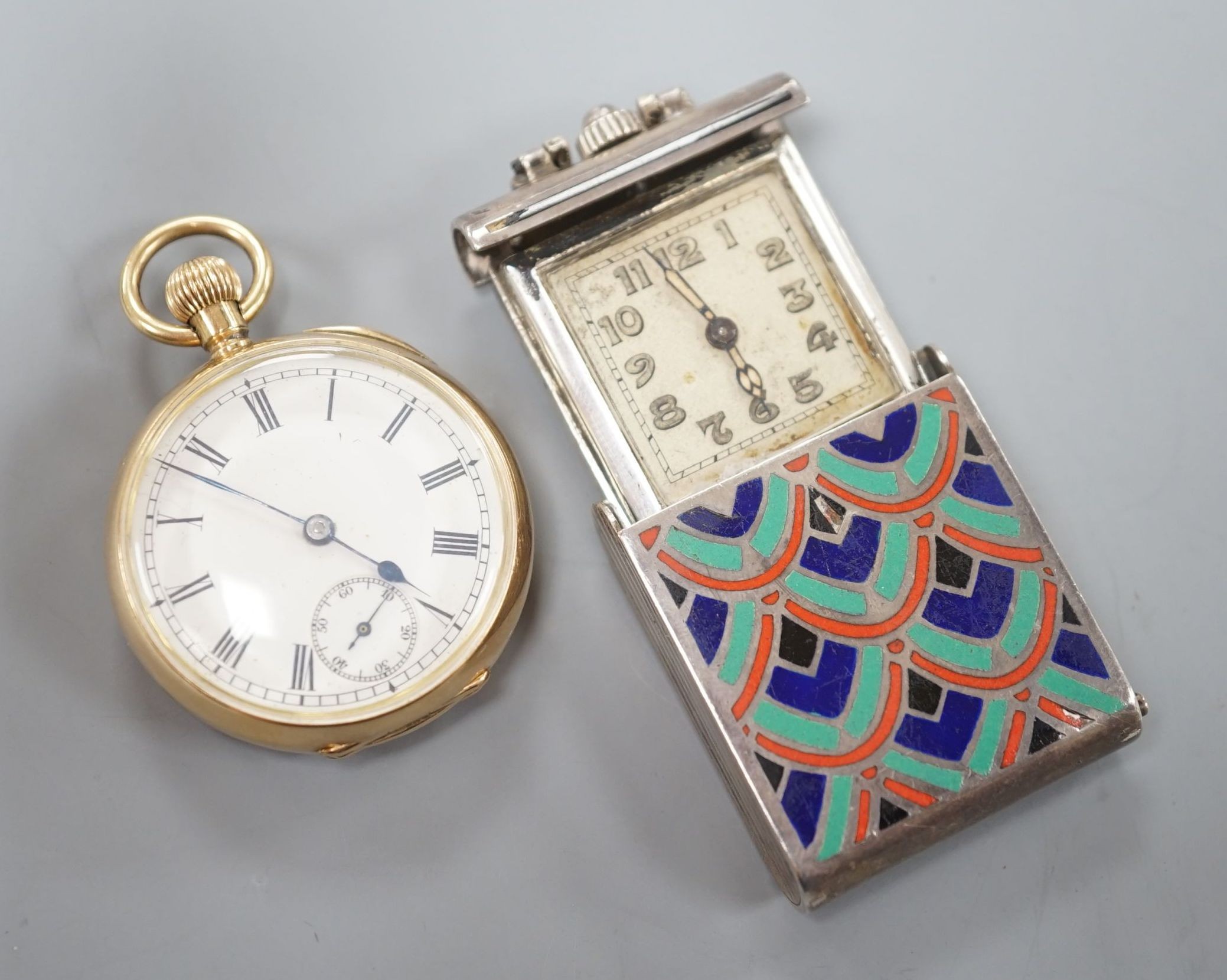 A 14ct open face fob watch, the inner case stamped Omega, case diameter 30mm, gross weight 29.6 grams and a Swiss white metal and polychrome enamel travelling watch.